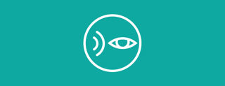 Teal background with a while circle, containing a white eye and two curved white lines making a 'wave'.