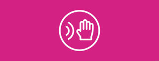 Hot pink background with a white circle in the centre. In the circle is a hand and two curved white lines making a 'wave'.