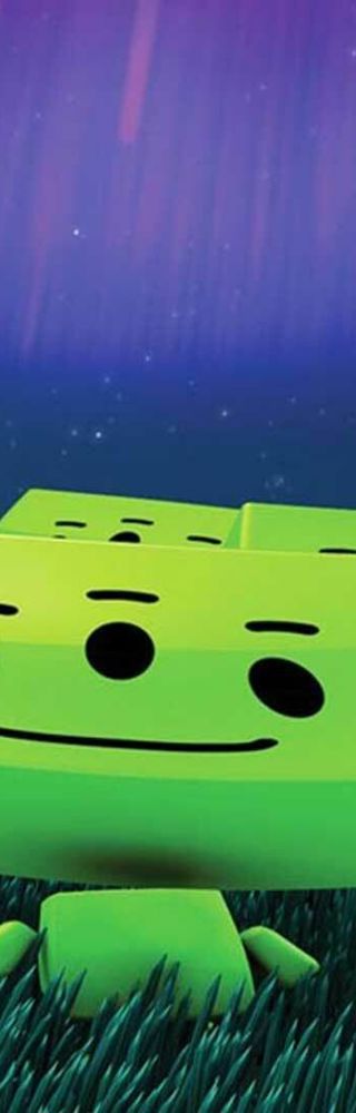 Cartoon green aliens on grass, looking up to a purple aroura.