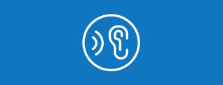 Blue background with a white circle in the centre. Within the circle is an ear and two curved lines making a 'wave'.