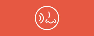 Red background with a white circle in the centre. Within the circle is a nose and two curved white lines making a 'wave'.